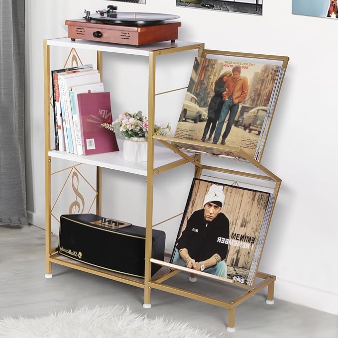 Record Player Stand with Vinyl Record Storage, Turntable Stand with 2-Tier Vinyl Display Shelf & Metal Frame, Vinyl Holder for Living Room, Gold & White