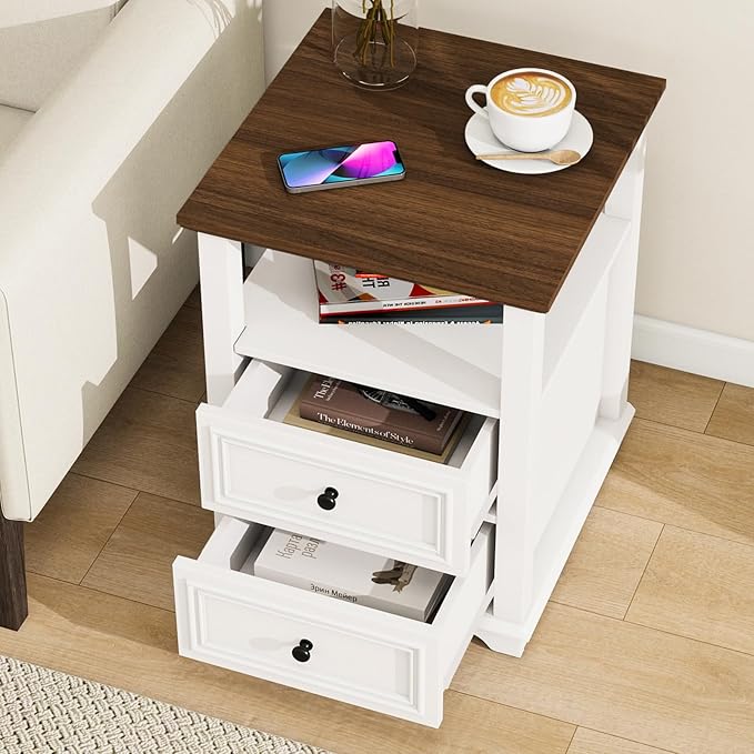 Vipbear Farmhouse Nightstand 18" White End Table with Charging Station & 2 Drawers, Rustic Bedside Table with Storage Shelf for Bedroom, Living Room,18.1" D x 18.1" W x 24.2" H