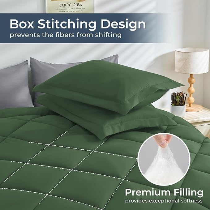 HEVUMYI Cali-King Comforter Set - 7-Piece All Season Bed in a Bag Cali-King, Ultra Soft Bedding Set with Comforter, Flat Sheet, Fitted Sheet, Pillowcases, Pillow Shams, Green & Light Grey