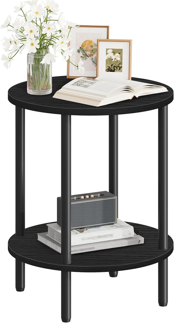Round Side Table, 2-Tier End Table, Small Side Table with Metal Tube, Industrial Coffee Table, for Living Room, Bedroom, Black TBZ11BB