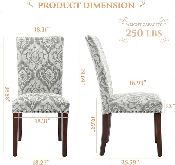 Parsons Dining Chairs Set of 2, Upholstered Nailhead Dining Room Kitchen Side Chair with Thick Cushions and Wood Legs, White/Grey