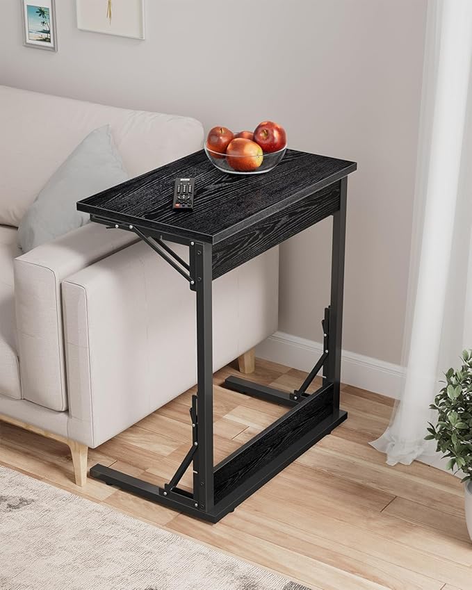 Tatub Folding TV Tray Table Set of 2, 24" Wide C-Shaped End Table for Couches, Small Sofa-Side Laptop Desk with Metal Frame for Living Room, Bedroom, Dark Black