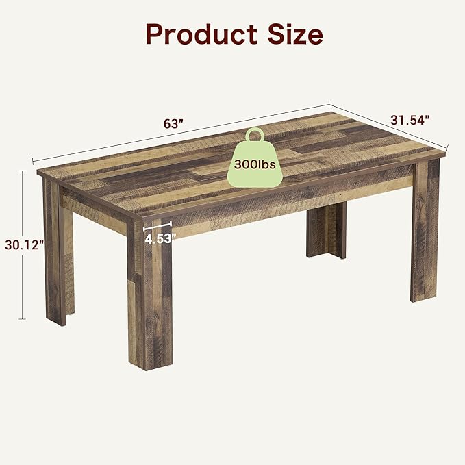 Dining Table for 4-6, 63" Wood Farmhouse Large Kitchen Table with Strong 4 Triangle Legs, Rectangular Dining Room Dinner Table with Sturdy Extra Support for Kitchen, Apartment, Retro Brown