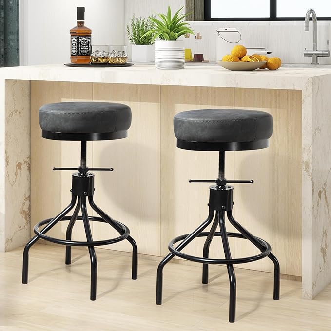 Grey Swivel Bar Stools Set of 2 Adjustable Swivel Round Barstools Modern PU Leather 28inch Industrial Backless Counter Height Stool Bar Chair for Kitchen Island (2, Grey)