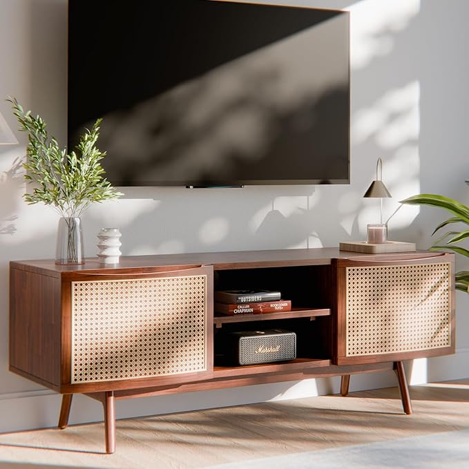 Bme TV Stand with Elegant Curved Shape & Inlaid Rattan, Nancy Solid Wood Tv Stand, Craft to Last Entertainment Center with Smiley Handle & Adjustable Shelf, Mid Century Modern TV Media Console