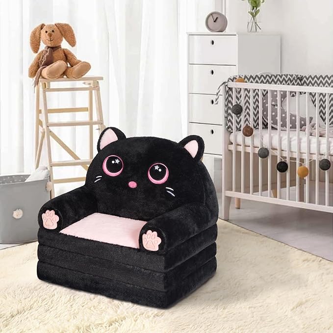 Kids Couch Fold Out, Velvet 2-in-1 Flip Open Couch for Toddlers, Comfy Toddler Chair for Reading and Napping, for Boys and Girls (Black & Pink Kitty)