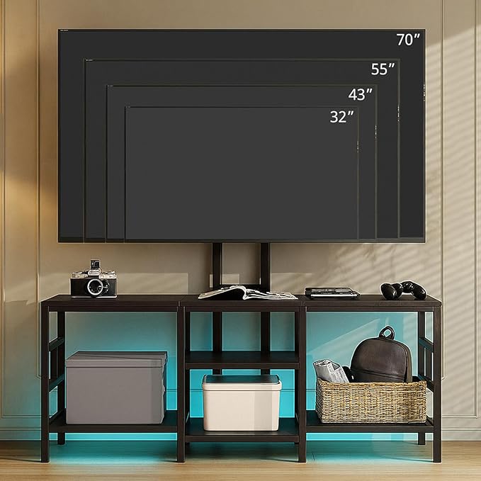 LUCKLIFE TV Stand with Charging Station for TVs up to 70 Inch，Entertainment Center with LED Light and Open Storage Shelves，Modern Media Console Table for Living Room,Bedroom,Modern Black