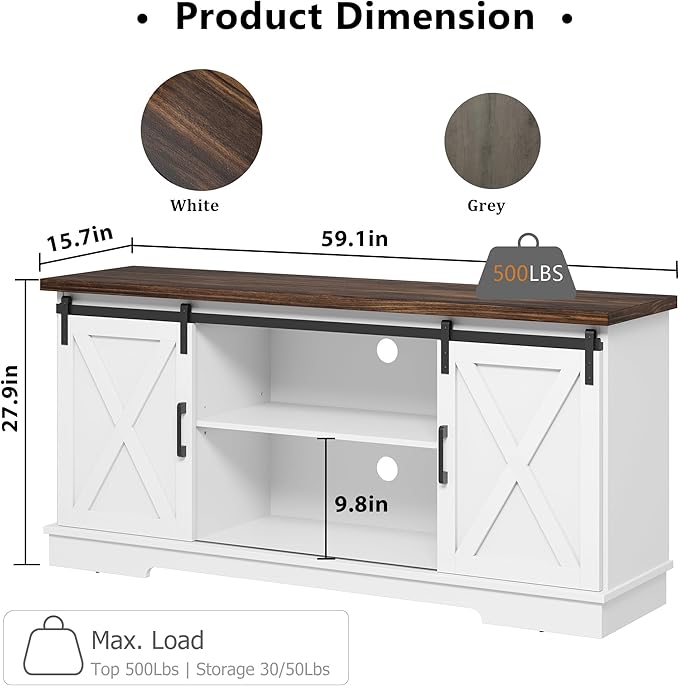 IDEALHOUSE Farmhouse Tv Stand for 65 inch TVs, Entertainment Center with Sliding Barn Doors and Adjustable Shelf, Modern Storage Media TV Console TV Stand Table for Living Room, Bedroom, White & Brwon