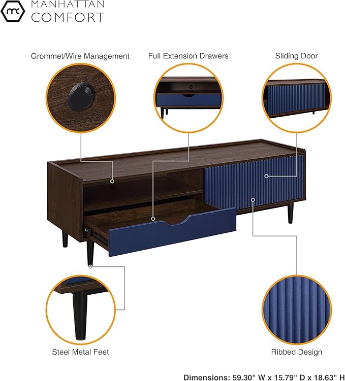Manhattan Comfort Duane Modern Ribbed 55 Inch TV Stand with 1 Drawer, 2 Shelves, Sliding Door, and Wire Management, Mid-Century Style Entertainment Center and Media Console for Living Room, Navy Blue