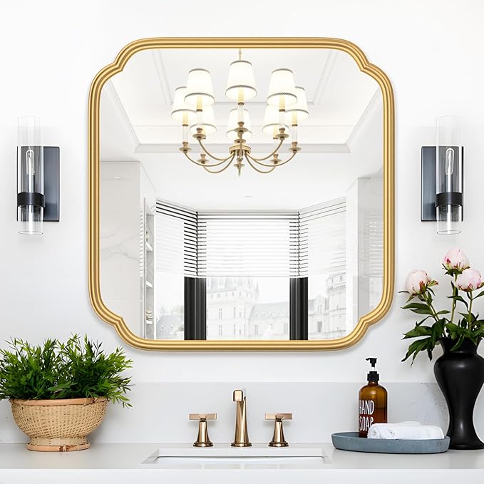 Gold Bathroom Mirror for Wall 24" x 24" Modern Rounded Corner Square Mirror with Non-Rusting Iron Metal Framed Bathroom Vanity Mirror for Over Sink Wall Decor Horizontal/Vertical