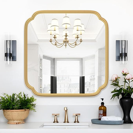 Gold Bathroom Mirror for Wall 24" x 24" Modern Rounded Corner Square Mirror with Non-Rusting Iron Metal Framed Bathroom Vanity Mirror for Over Sink Wall Decor Horizontal/Vertical