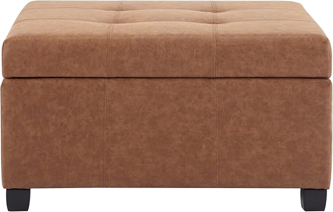 Christopher Knight Home Lorel Faux Leather Square Storage Ottoman Coffee Table, Wooden Ottoman with Storage, Entryway Modern Ottoman Foot Stool, Toy Box Storage for Living Room, Brown