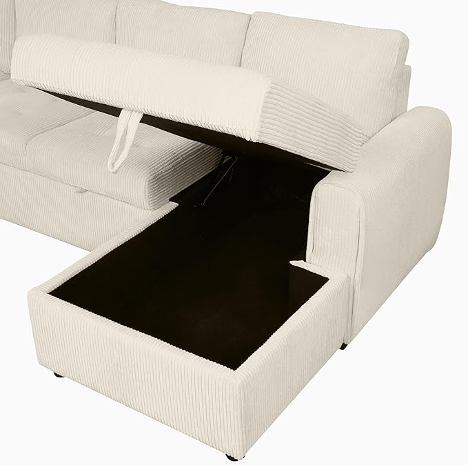 107.5" Corduroy U Shaped Sofa,Sectional Sleeper Couch Pull Out Bed with Storage Chaise,Convertible Corner Sofa-Bed w/Portable Handles and Smooth Wheels,2 USB,for Living Room,Beige