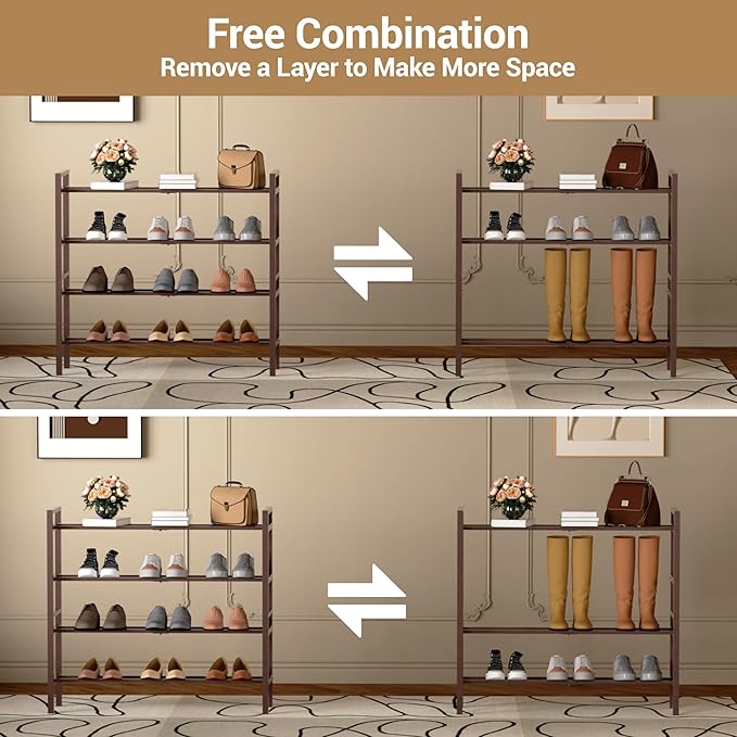 Haddockway Bamboo Shoe Rack for Closet, Free Standing Shoe Organizer with Smooth Round Rods & Convenient Handles, Stackable Shoe Storage Shelf for Entryway, Hallway(Brown, 4-Tier)