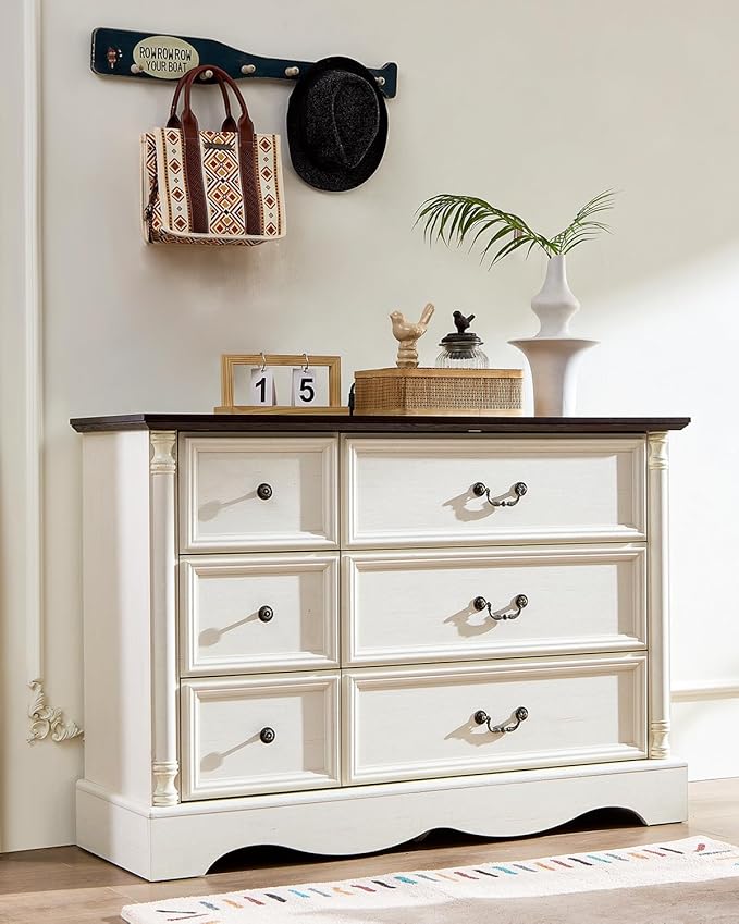 Farmhouse 6 Drawers Dresser for Bedroom with Charging Station, Wood Country Rustic Storage Dressers Organizer, Vintage Design Chest of Drawers for Bedroom, Living Room