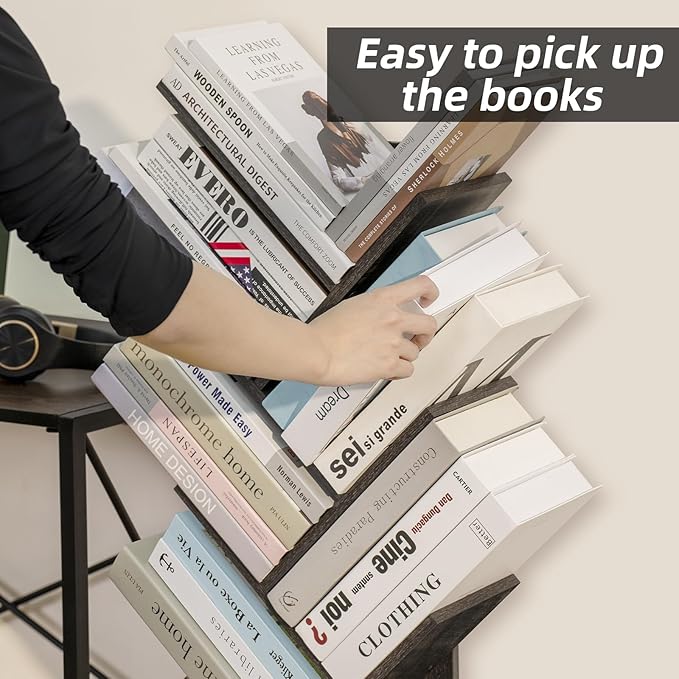 10 Tier Tree Book Shelf, Floor Standing Wood Bookshelf for Narrow Space, Storage Organizer Bookshelves for Books/CDs/Magazine, Bookcase with Shelves for Home Office, Living Room - Dark Grey