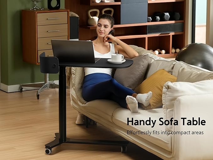 Rolling Adjustable Height Desk with Drawer and Wheels, Portable Small Standing Desk Pneumatic for Home Office, Mobile Computer Laptop Cart, Medical Sofa Overbed Table, Black
