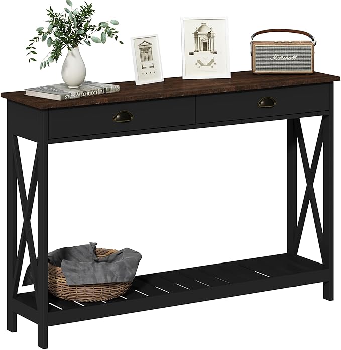 ChooChoo 47" Farmhouse Console Table with Drawer for Entryway, Narrow Long Entry Table with Shelf for Living Room, Rustic Vintage Hallway Sofa Table with Stable X Supports, Black