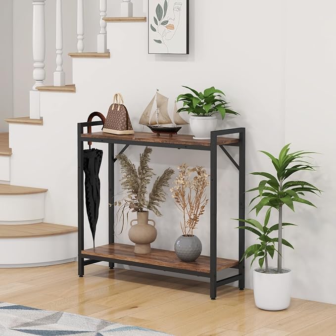 Narrow Console Table, Small Entryway Table with 2 Support Bar, Thin Sofa Table, Small Couch Table, Display Table, Side Table for Living Room, Hallway, Bedroom, Rustic Brown