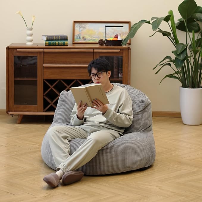 N&V Large Crescent Bean Bag Chair, Adult Size Bean Bag Sack, Foam Filling, Soft Premium Corduroy Bean Bag for Living Room Bedroom Dorm and Office (Harbour Gray)
