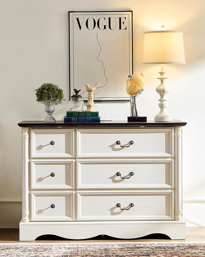 Farmhouse 6 Drawers Dresser for Bedroom with Charging Station, Wood Country Rustic Storage Dressers Organizer, Vintage Design Chest of Drawers for Bedroom, Living Room