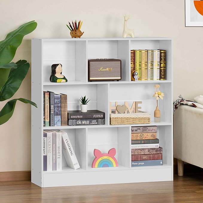 YAHARBO White 3 Tier Bookshelf,Wide Modern Horizontal Bookcase,Wood Low Book Shelf,Wide Display Storage Cabinet with Base,Floor Standing 8 Cube Large Bookcases Organizer for Bedroom,Living Room,Office