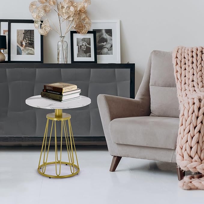 Round End Table Set of 2, Small Side Table for Living Room, Bedroom, Modern Side Tables for Small Spaces, Sofa Couch Table with Metal Frame Legs, Easy Assembly(Gold and White)