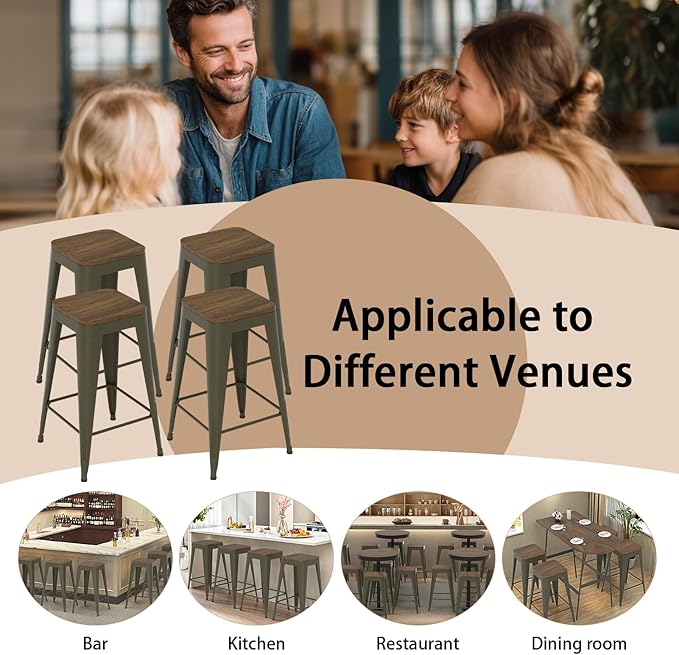 26 inch Backless Bar Stools Set of 4, Indoor Metal Bar Stools with Wood Seat, Industrial Counter Height Barstools for Kitchen Island, Rusty