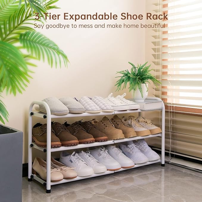 Gonfoam 3-Tier Expandable Shoe Rack,Adjustable Shoe Shelf Storage Organizer Heavy Duty Metal Free Standing Shoe Rack for Entryway Closet Doorway (White)