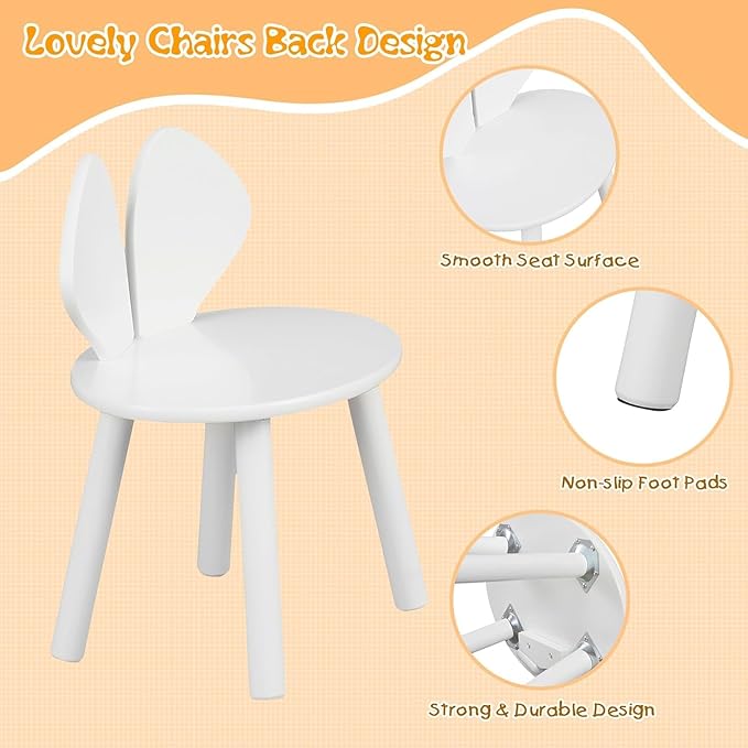 VECELO Kids Table and Chair Set, Wooden Oval Toddler Table with 2 Bunny Ear Chairs, Playroom Furniture for Drawing, Crafts, and Activities, Easy Assembly, Pure White
