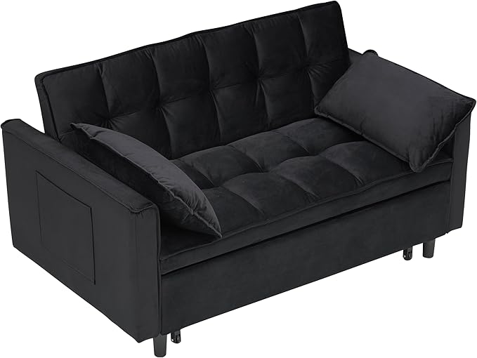 Ball & Cast 55" Convertible Sleeper Sofa Bed,Convertible Pull Out Couch with 2 Pillows,Adjustable Backrest & Side Pocket,Loveseat Futon Sofa Bed for Living Room,Apartment,Velvet Fabric,Black