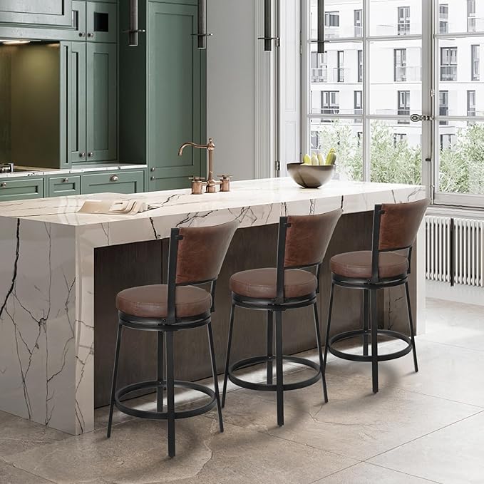 Bar Stools, Counter Height Barstools Set of 2, 25" Faux Leather Metal Round Swivel Bar Chairs with Back, Modern Upholstered Counter Stools for Kitchen Island, Brown
