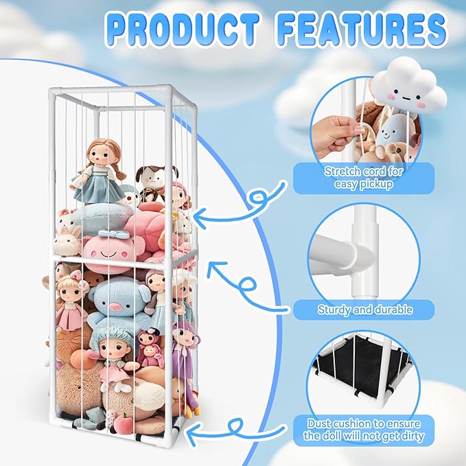 Stuffed Animal Zoo Storage - Tall PVC Material Toy Organizer with Elastic Cords & Shelf, Space-Saving Plushie Playhouse for Nursery, Playroom, Kids Bedroom - Easy Assembly