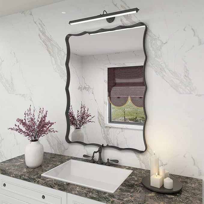 24x32 Black Bathroom Mirror for Wall, Rectangle Framed Mirror for Bathroom, Decorative Wall Mirror with Wavy Frame, Anti-Rust(Horizontal/Vertical)