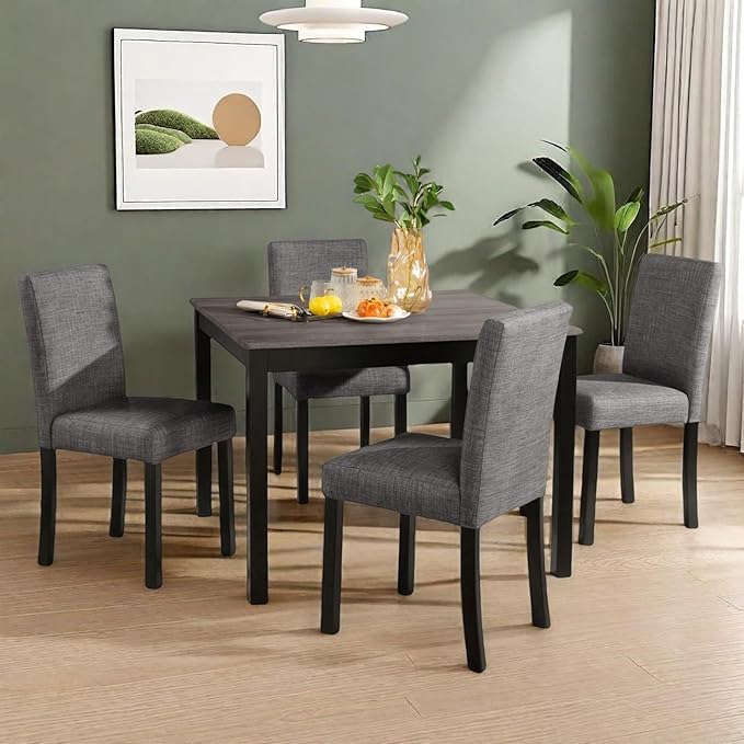 Dining Table Set for 4, 5-Piece Kitchen Table & Chairs Set with Square Wooden Table & 4 Upholstered Chairs, 29.8'' Dinner Set with Solid Wood Legs & Curved Backrest for Kitchen, Light Black