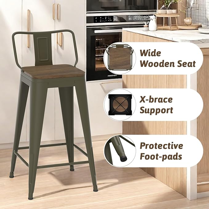 24 Inch Swivel Bar Stools Set of 4, Counter Height Bar Stools with Low Back, Metal Industrial Bar Chairs for Kitchen Island (Rusty)