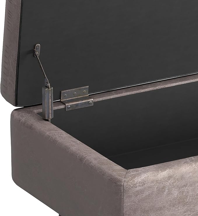 SIMPLIHOME Owen 48 inch Wide Mid Century Modern Rectangle Rectangular Storage Ottoman in Distressed Grey Taupe Vegan Faux Leather, Assembled, for the Living Room, Entryway and Family Room