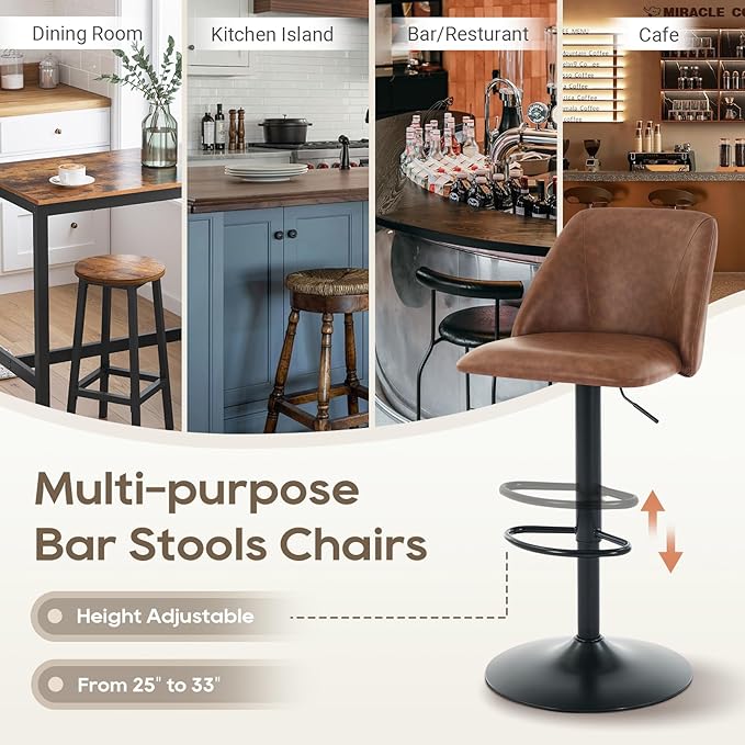COLAMY Bar Stools Set of 2, Modern Swivel Bar Chairs, Adjustable PU Leather Upholstered Barstools Counter Height with Full Backrest for Bar, Dining Room, Kitchen Island, Brown