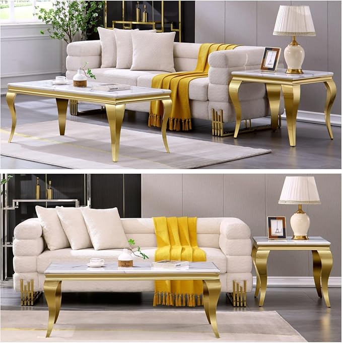 Gold End Table Set of 2, Modern White Living Room Side Table with Gold Metal Cabriole Legs, Square End Table for Sofa Couch, Living Room, Bedroom, Office