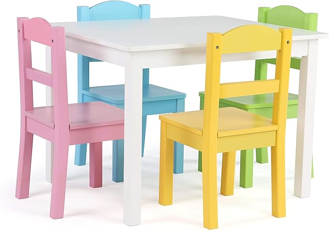 Humble Crew Kids Wooden Table and 4 Chairs Set, White/Pastels - Kids Table and Chair Set for Toddlers and Children for Arts, Crafts, and Snack Time - Sturdy, Durable Toddler Activity Table