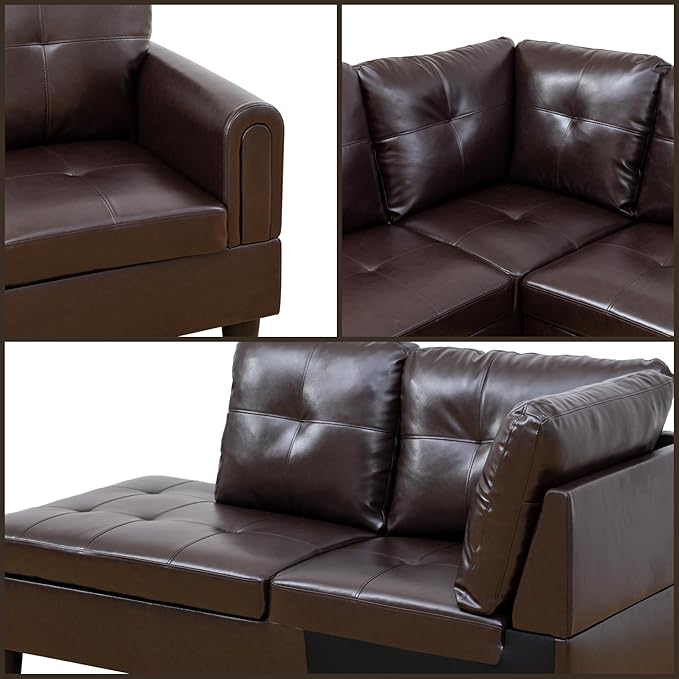 L Shaped Sectional Couches, Modular Sectional Modern Sofa for Living Room Bedroom Furniture, Comfy 4 Seat Couch with Ottoman Storage & Chaise, Brown