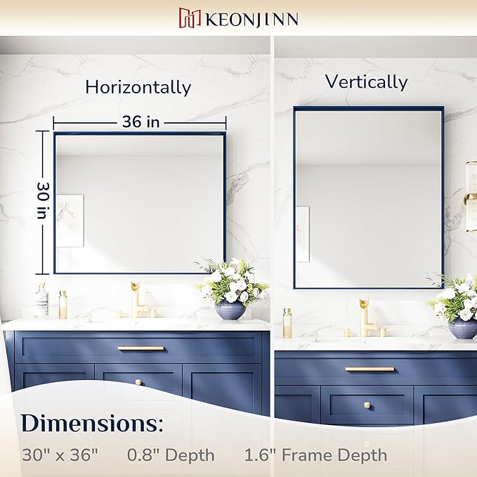 Keonjinn 30 x 36 Inch Blue Bathroom Mirror Metal Frame Navy Blue Wall Mirror for Bathroom Sink Rectangular Brushed Framed Vanity Mirror Square Corner Modern Rectangle Mirror(Horizontal/Vertical)