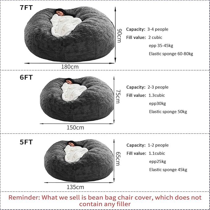 Bean Bag Chair for Adults Kids Without Filling Comfy Oversized Round Lazy Sofa Bean Bag Cover for Stuffed Animal Storage Bedroom Living Room Chairs, 6FT, Khaki