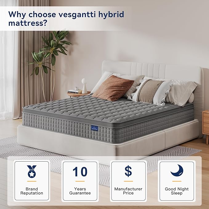 Vesgantti 12 Inch Multilayer Hybrid Queen Mattress - Multiple Sizes & Styles Available, Ergonomic Design with Memory Foam and Pocket Spring, Medium Firm Feel, Grey