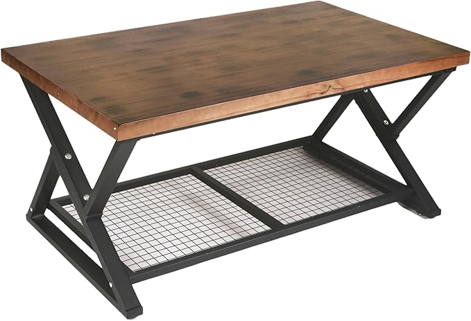 EASYSOUL Coffee Table with Storage Shelf, Solid Wood Top with Black Metal X-Frame, 39.37" D x 23.62" W x 18.11" H, Mid Century Modern Center Coffee Tables for Living Room with 2 Tier (Brow, 47.24")
