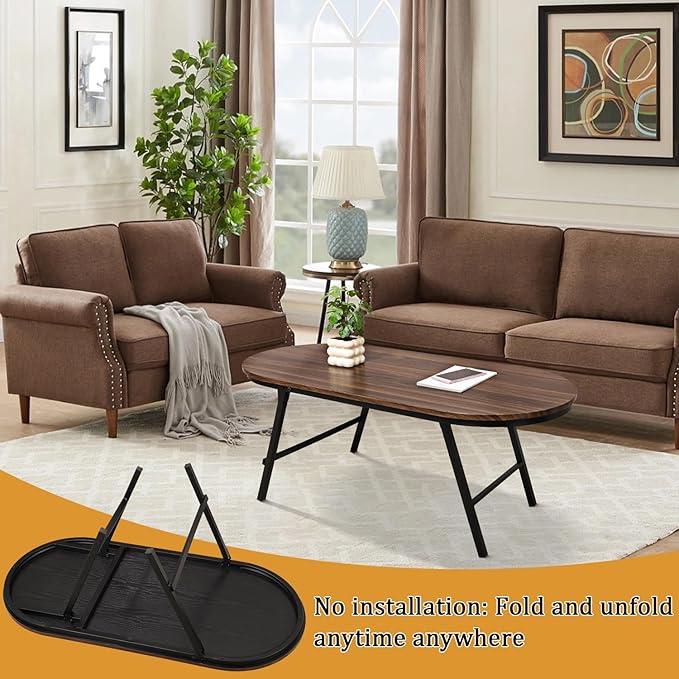 Folding Coffee Table for Small Spaces Wood and Metal Oval Coffee Tables No Assembly Low Coffee Table for Living Room, Home, Office, Rustic Brown