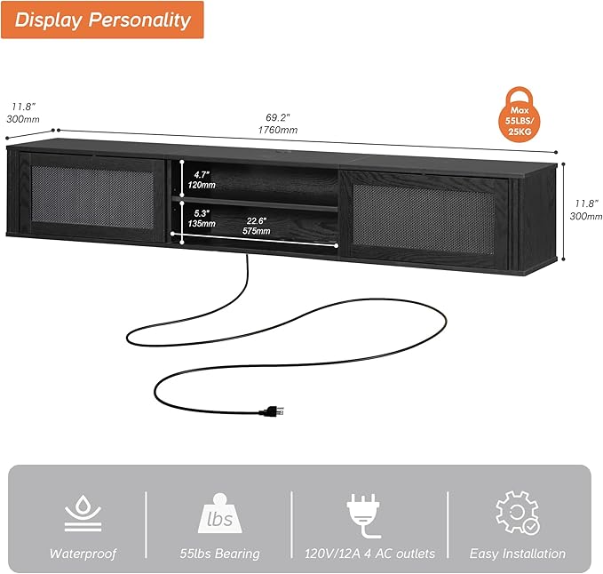 WAMPAT 70" Floating TV Stand with Power Outlet, 2-Tier Wood Media Console Entertainment Center with 2 Rattan Doors, Modern Wall Mounted TV Shelf Cabinet for Under TV, Living Room, Bedroom, Black
