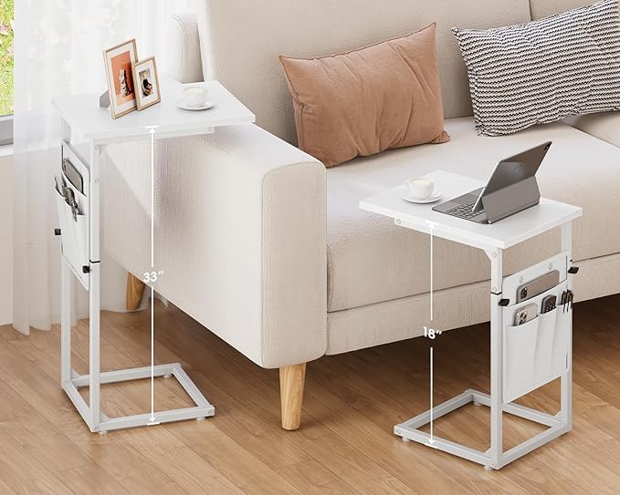 Vagusicc C Shaped End Table, 33" Tall Side Table for Couch, Adjustable Height Recliner Table Small Couch Side Tables, Sofa Tables Slide Under Sofa TV Tray Arm C Table for Living Room, Bedroom, White
