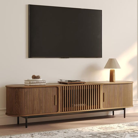 POVISON Fully-Assembled Mid Century Modern TV Stand for 75 inch TV, Sliding Door Entertainment Center with Storage, Wood TV Console, Media Console for Living Room Bedroom(Walnut, 78.74")