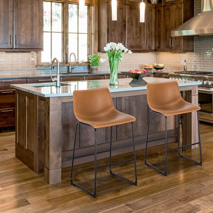 POLY & BARK Bar Stools Set of 3 – 34" Counter Height Chairs with Back, Tan PU Leather Seats with Metal Legs, Modern Industrial Style for Kitchen Island